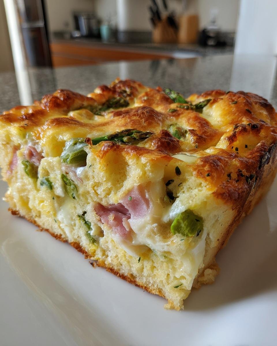 A close-up of a golden-brown slice of Overnight Breakfast Strata With Prosciutto And Asparagus on a white plate.