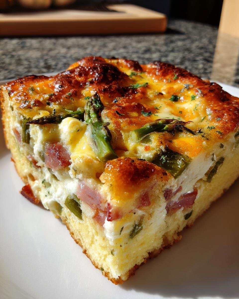 A close-up slice of Overnight Breakfast Strata With Prosciutto And Asparagus, showing golden crust, eggs, cheese, and green asparagus tips.