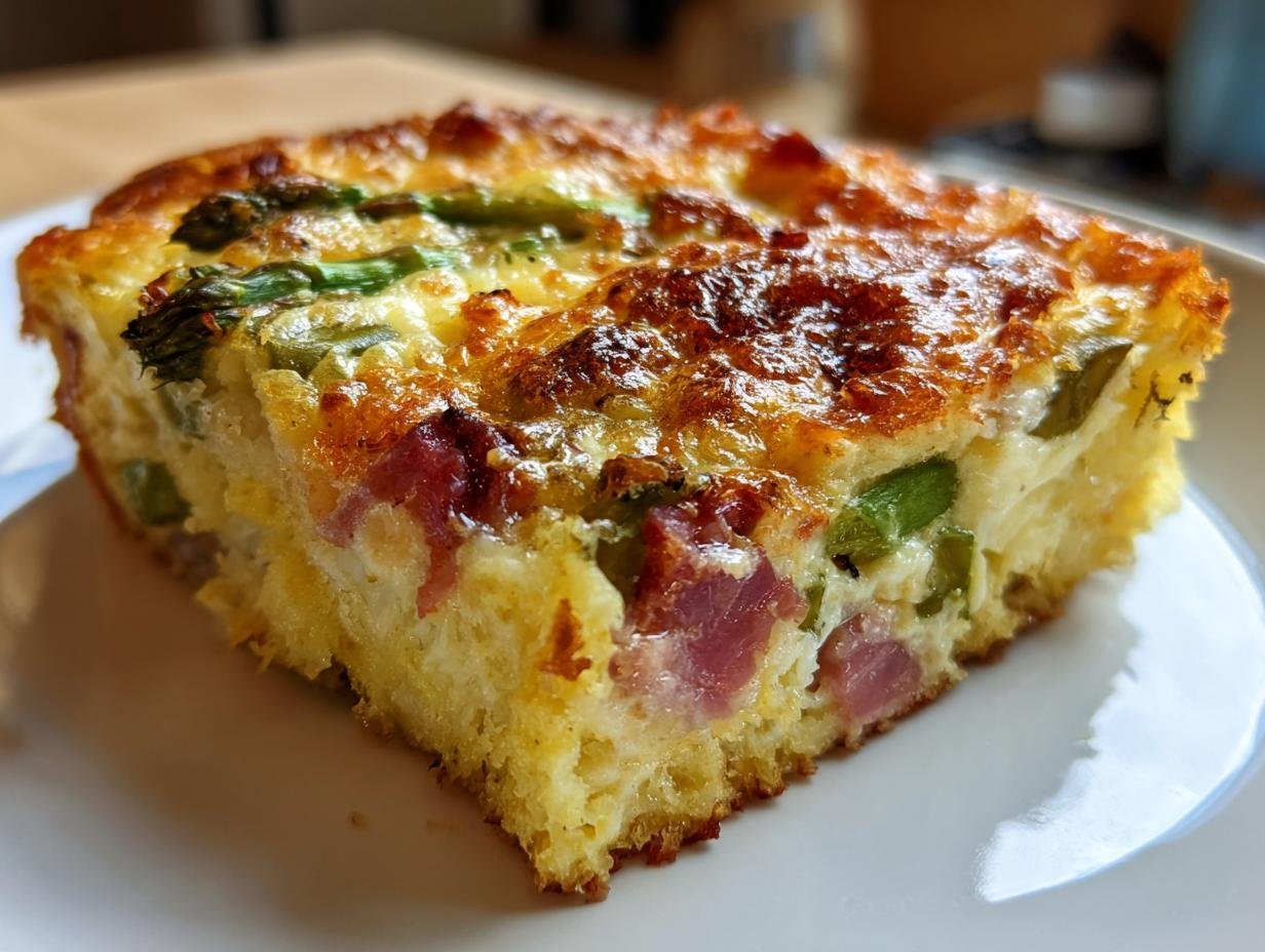 Close-up of a golden-brown slice of Overnight Breakfast Strata With Prosciutto And Asparagus on a white plate.