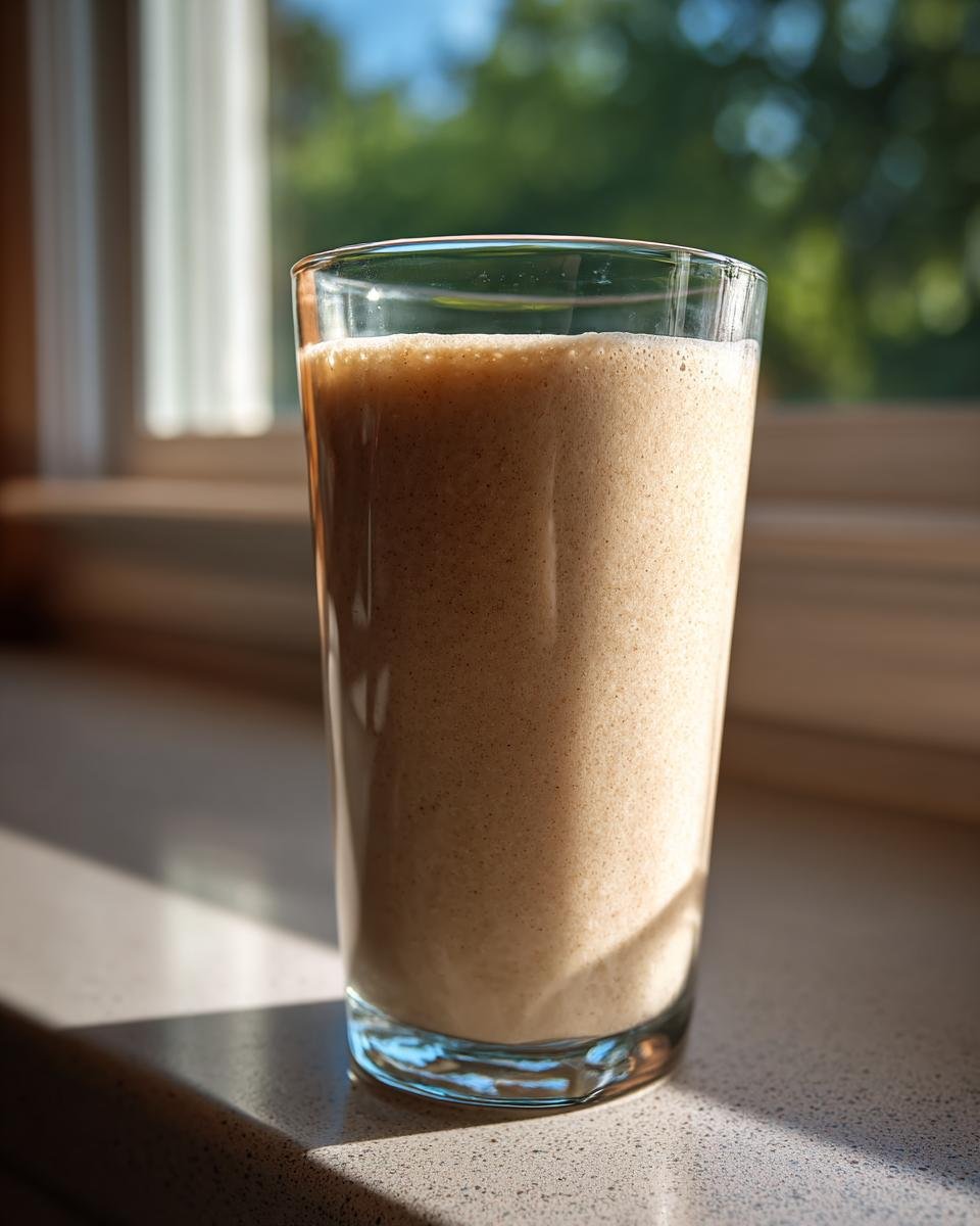 A tall glass filled with a creamy Peanut Butter Banana Smoothie sitting on a countertop near a window.