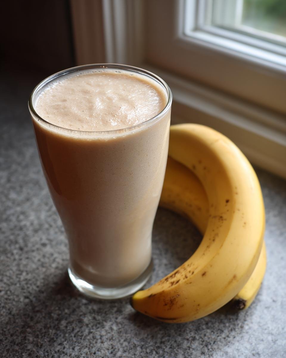 A glass filled with a creamy Peanut Butter Banana Smoothie next to two ripe bananas on a speckled countertop.