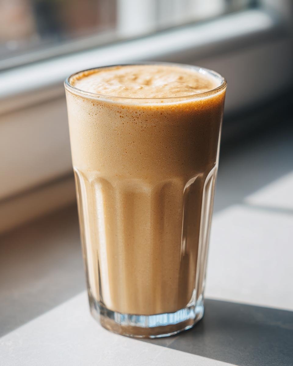 A tall glass filled with a thick, frothy Peanut Butter Banana Smoothie, backlit by sunlight.