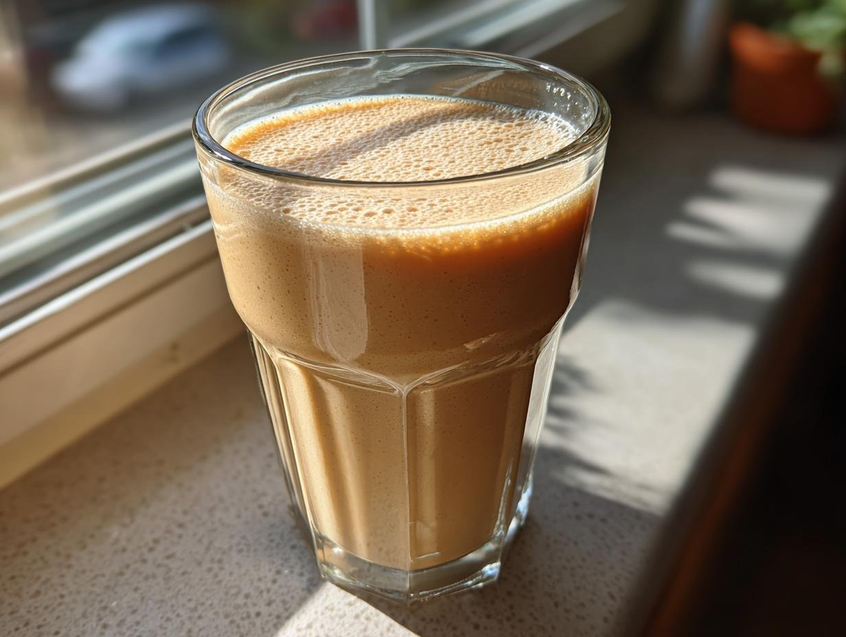 A tall glass filled with a creamy, light brown Peanut Butter Banana Smoothie, sitting on a speckled countertop near a window.