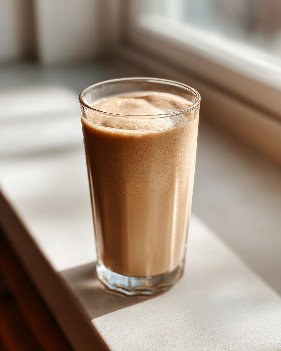 A tall glass filled with a creamy Peanut Butter Banana Smoothie sitting on a windowsill in bright sunlight.