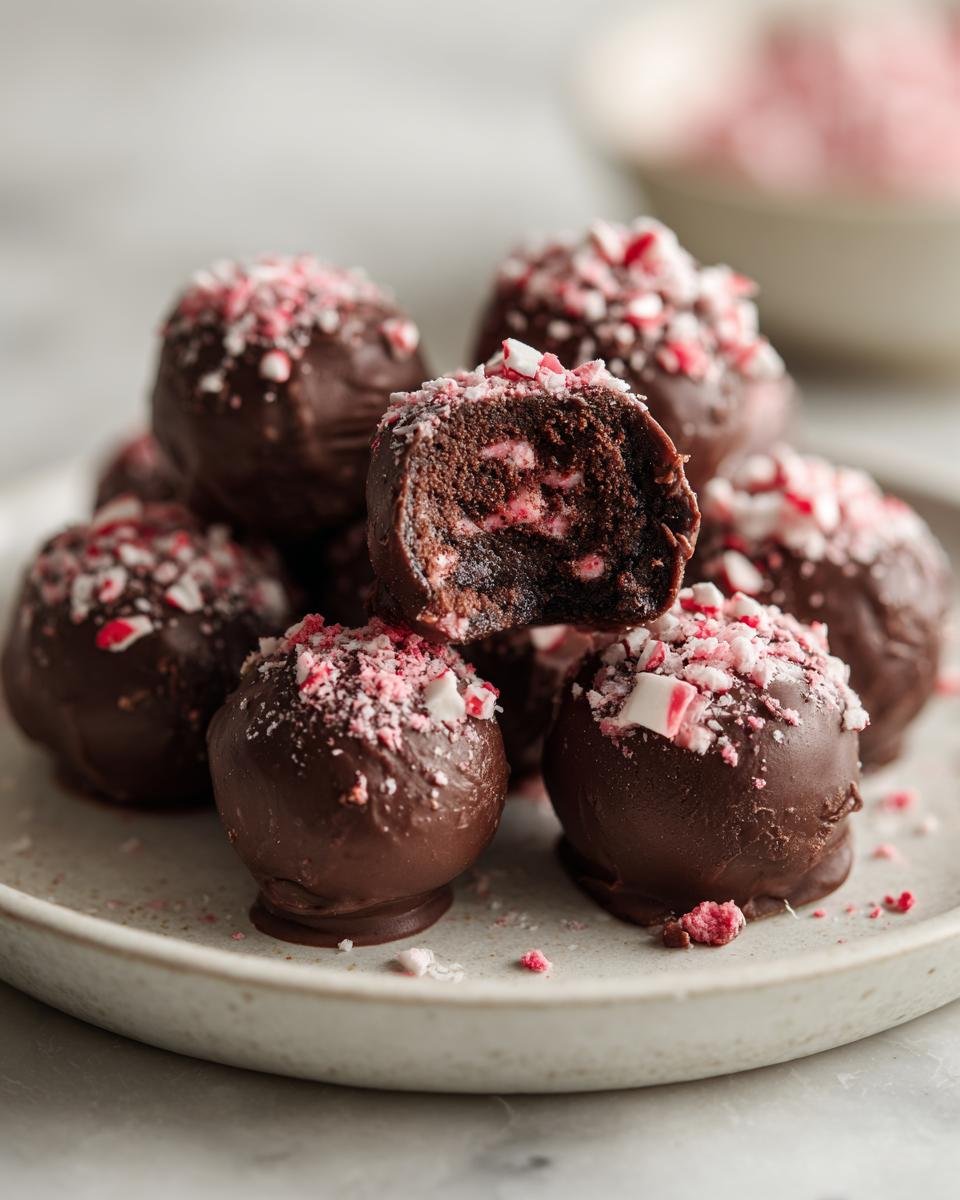 Close-up of Peppermint Raspberry Chocolate Oreo Cookie Balls dipped in chocolate and topped with crushed candy canes.