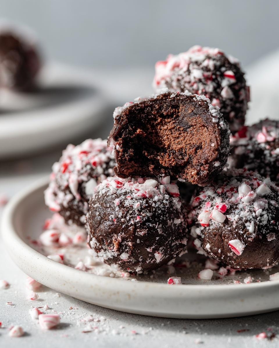 Close-up of rich chocolate Peppermint Raspberry Chocolate Oreo Cookie Balls rolled in crushed peppermint candy.