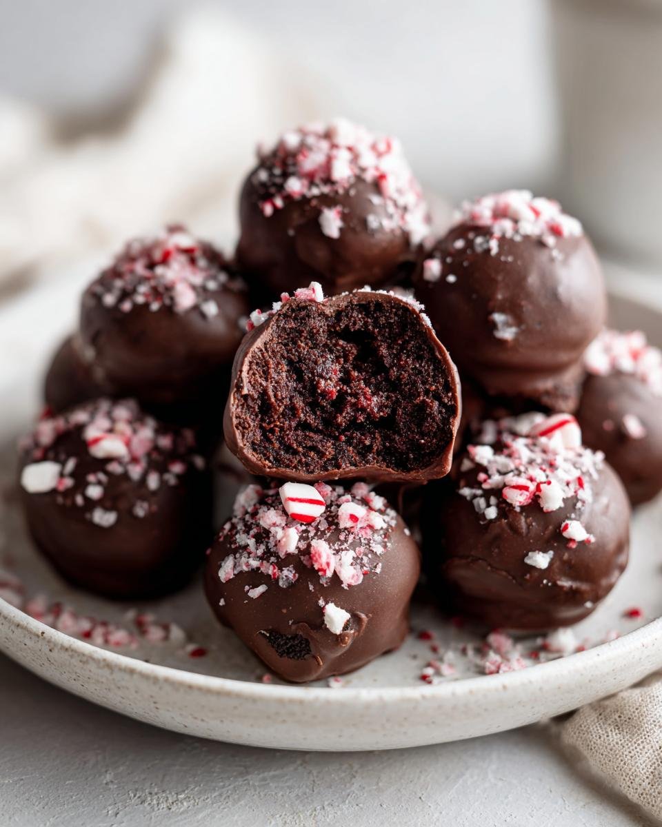 A stack of chocolate-dipped Peppermint Raspberry Chocolate Oreo Cookie Balls topped with crushed candy canes.