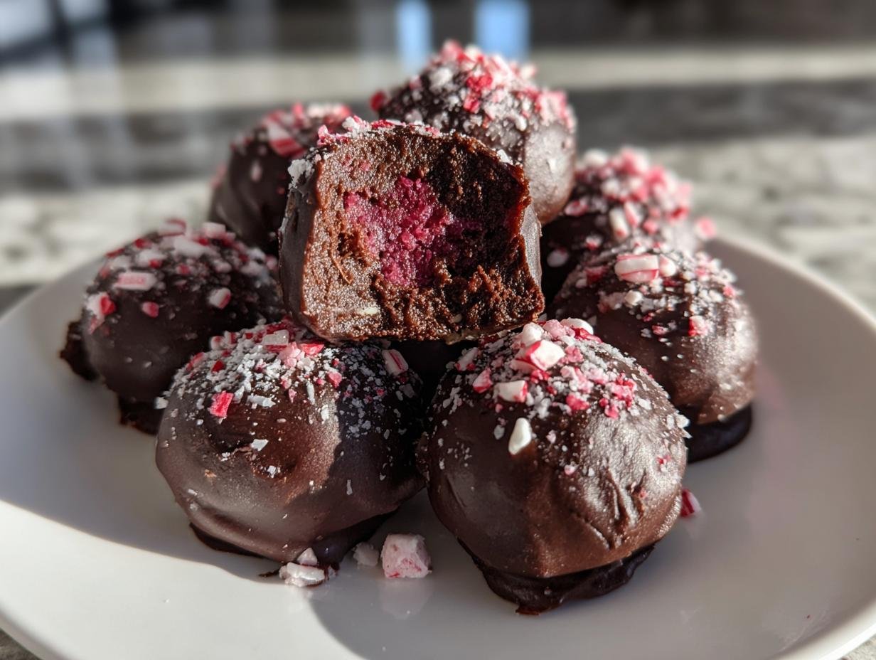 Stack of Peppermint Raspberry Chocolate Oreo Cookie Balls dipped in chocolate and topped with crushed candy canes.