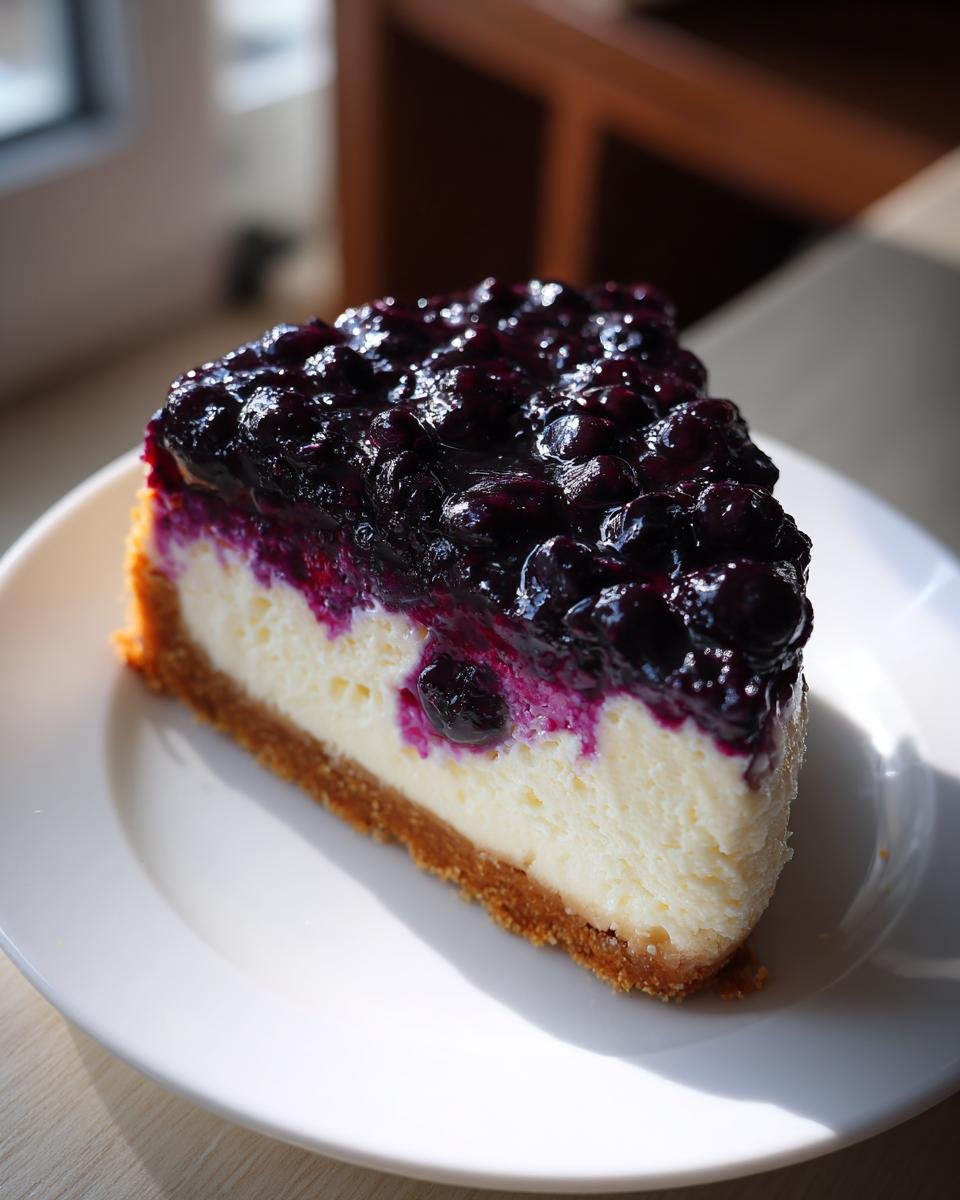 A perfect slice of lemon blueberry cheesecake with a thick graham cracker crust and glossy blueberry topping.