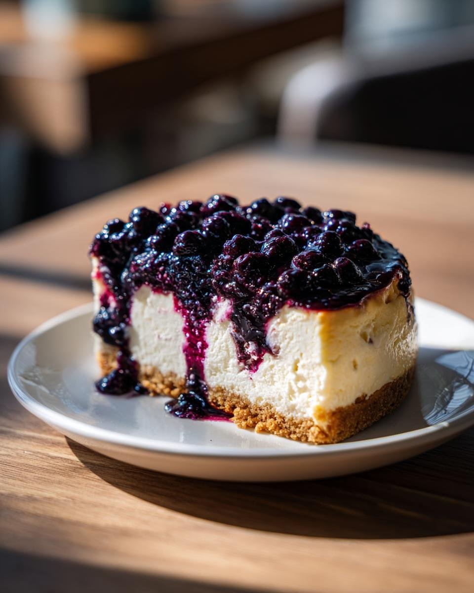 A close-up of a rich slice of Perfect Lemon Blueberry Cheesecake topped with glossy blueberry compote.