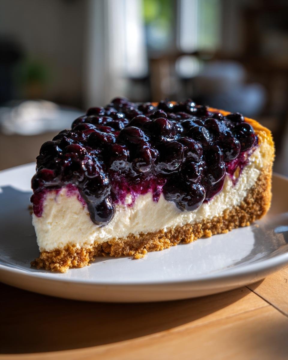 A close-up of a rich slice of Perfect Lemon Blueberry Cheesecake topped with glossy blueberry compote.