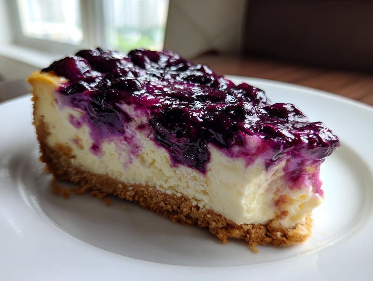 A thick slice of Perfect Lemon Blueberry Cheesecake featuring a creamy filling, graham cracker crust, and rich blueberry topping.