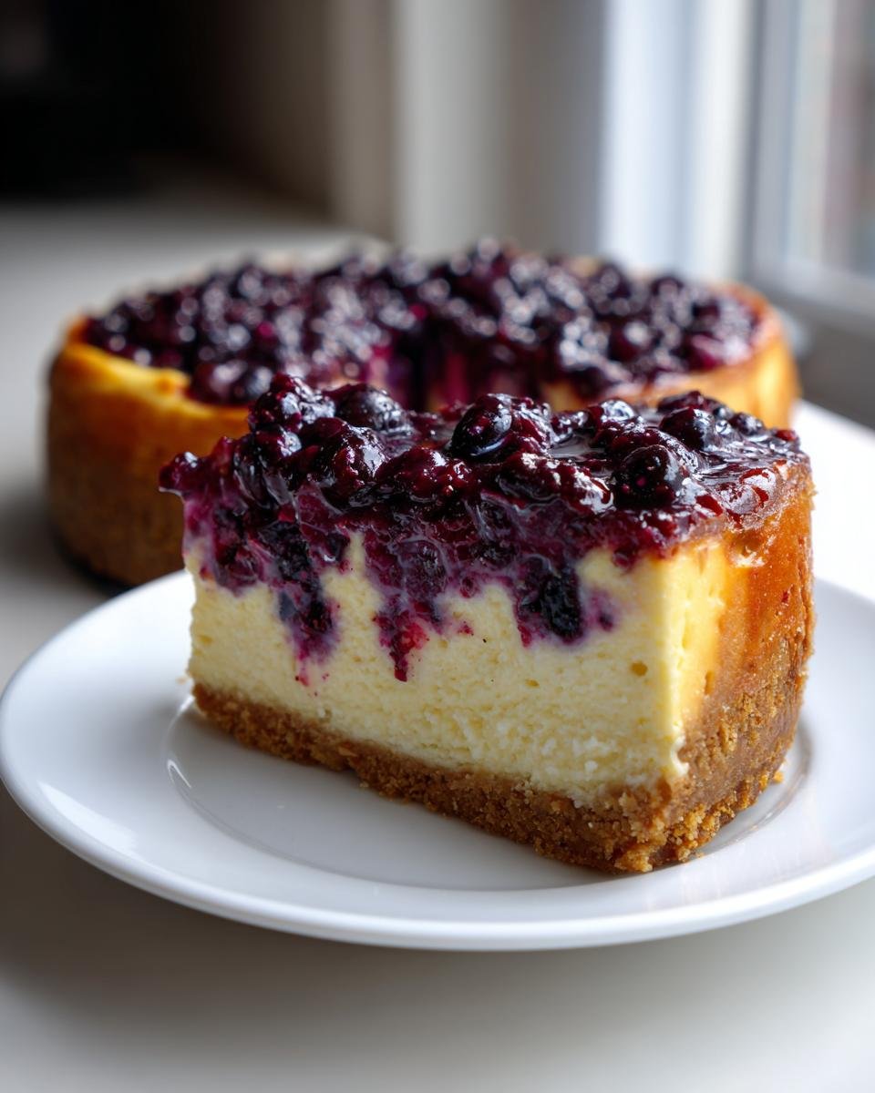 A close-up of a slice of Perfect Lemon Blueberry Cheesecake with a thick graham cracker crust and rich blueberry topping.