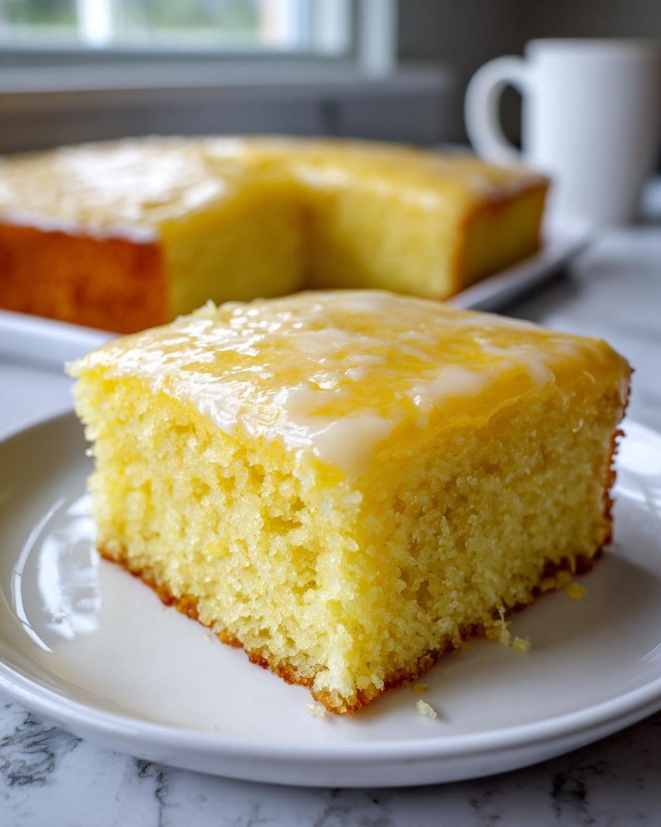 A close-up slice of moist, yellow Perfect One Bowl Lemon Birthday Sheet Cake with a bright lemon glaze.