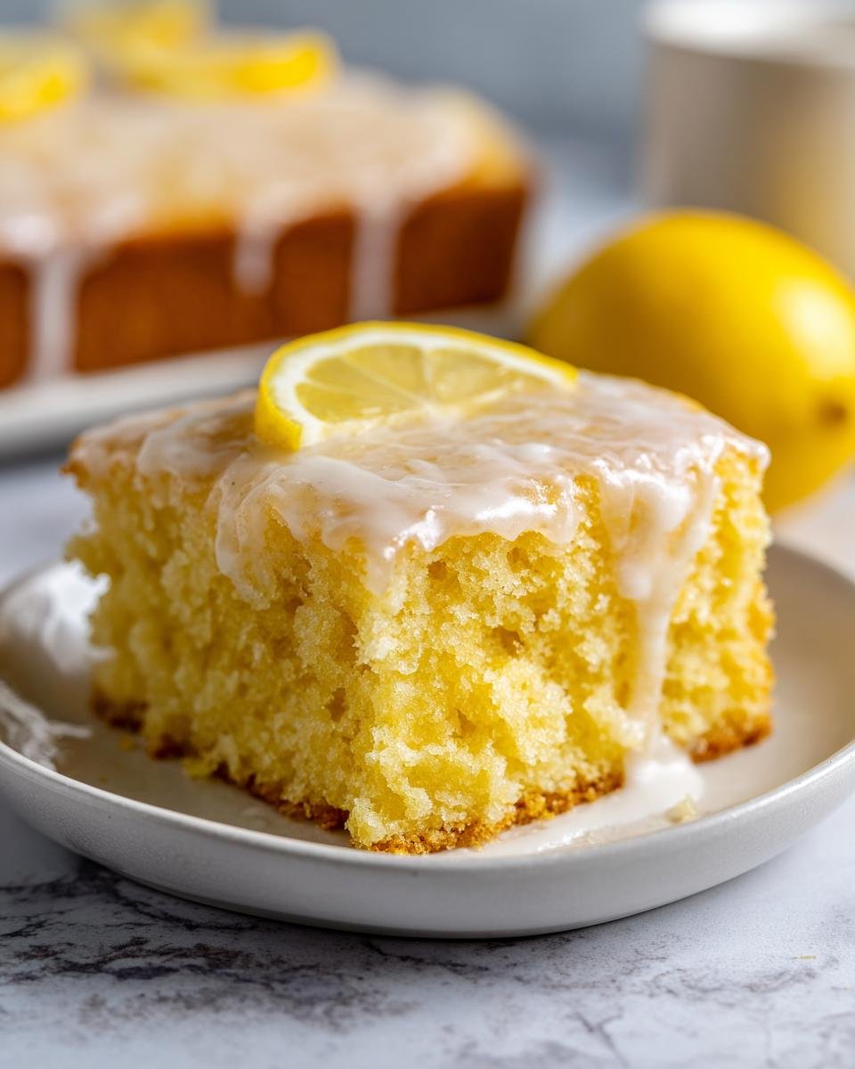 Close-up of a moist slice of Perfect One Bowl Lemon Birthday Sheet Cake topped with white glaze and a lemon slice.
