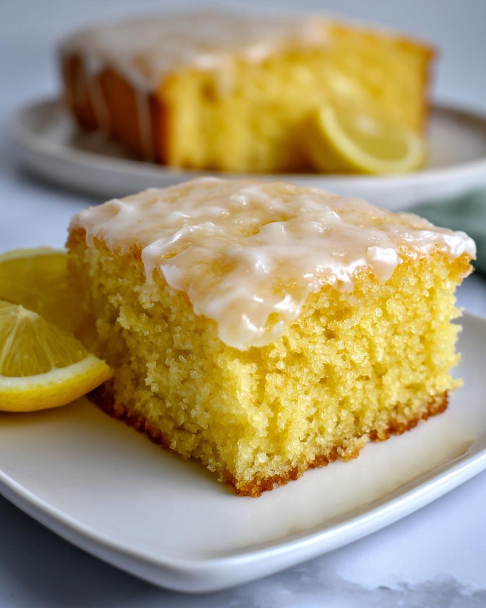 Close-up of a square slice of moist, yellow Perfect One Bowl Lemon Birthday Sheet Cake with thick white glaze.