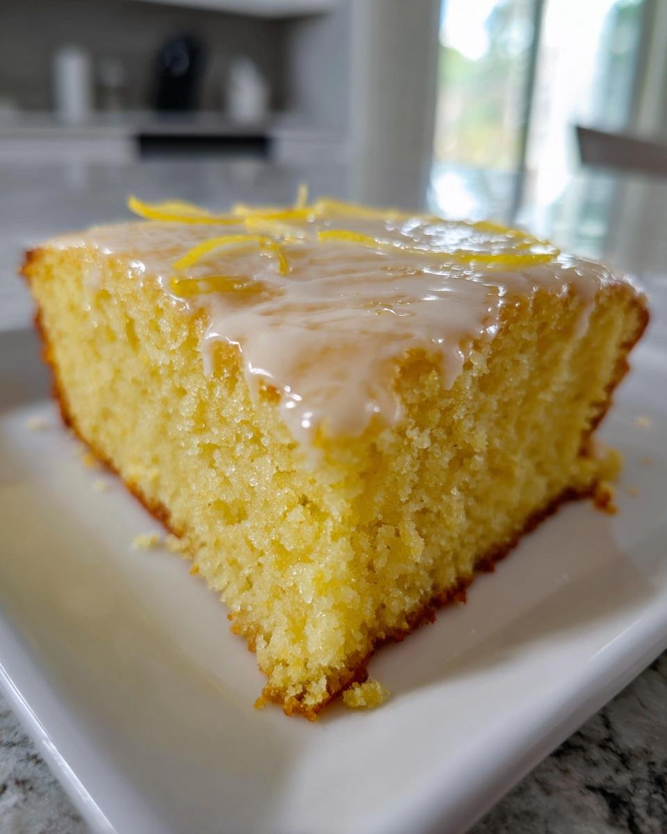 A close-up of a moist slice of Perfect One Bowl Lemon Birthday Sheet Cake with lemon glaze and zest.