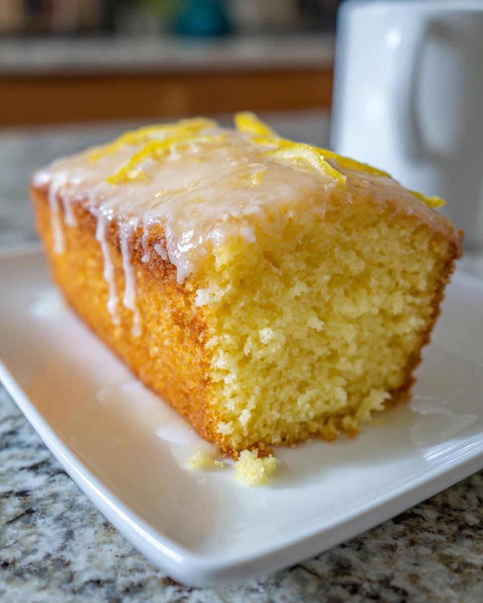Close-up of a moist slice of Perfect One Bowl Lemon Birthday Sheet Cake with white glaze and lemon zest.