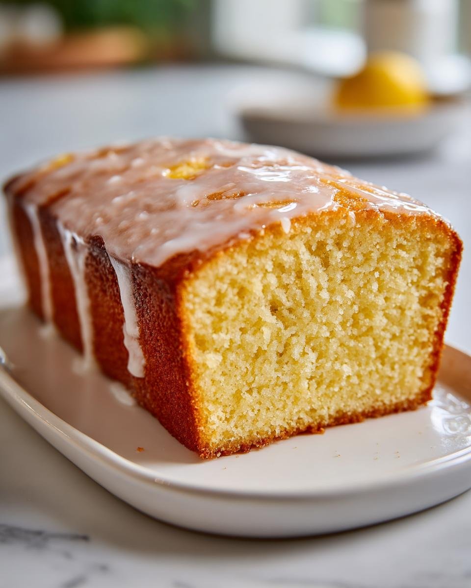 Close-up of a moist slice of Perfect One Bowl Lemon Birthday Sheet Cake with thick white lemon glaze dripping down the sides.