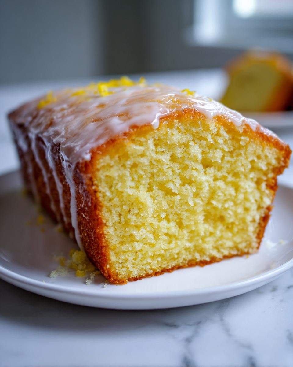 Close-up of a moist slice of Perfect One Bowl Lemon Birthday Sheet Cake with white glaze and zest.