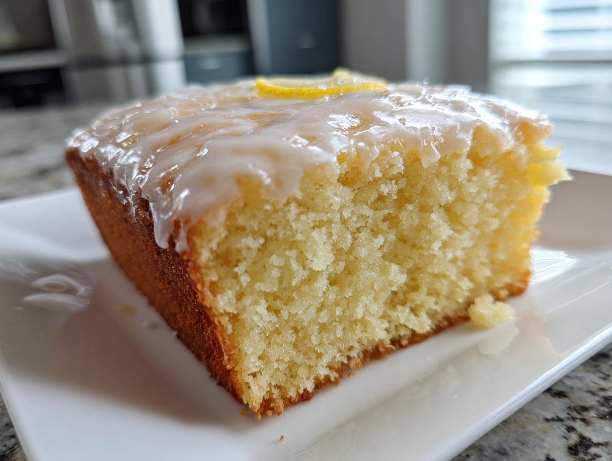 Close-up of a moist slice of Perfect One Bowl Lemon Birthday Sheet Cake with thick white glaze and lemon slice.
