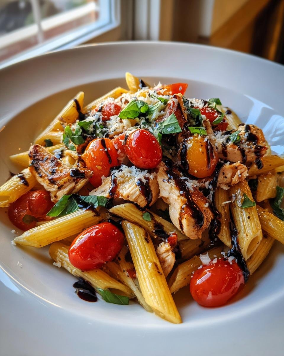 A close-up of plated Chicken Bruschetta Pasta featuring penne, grilled chicken, cherry tomatoes, and balsamic glaze.