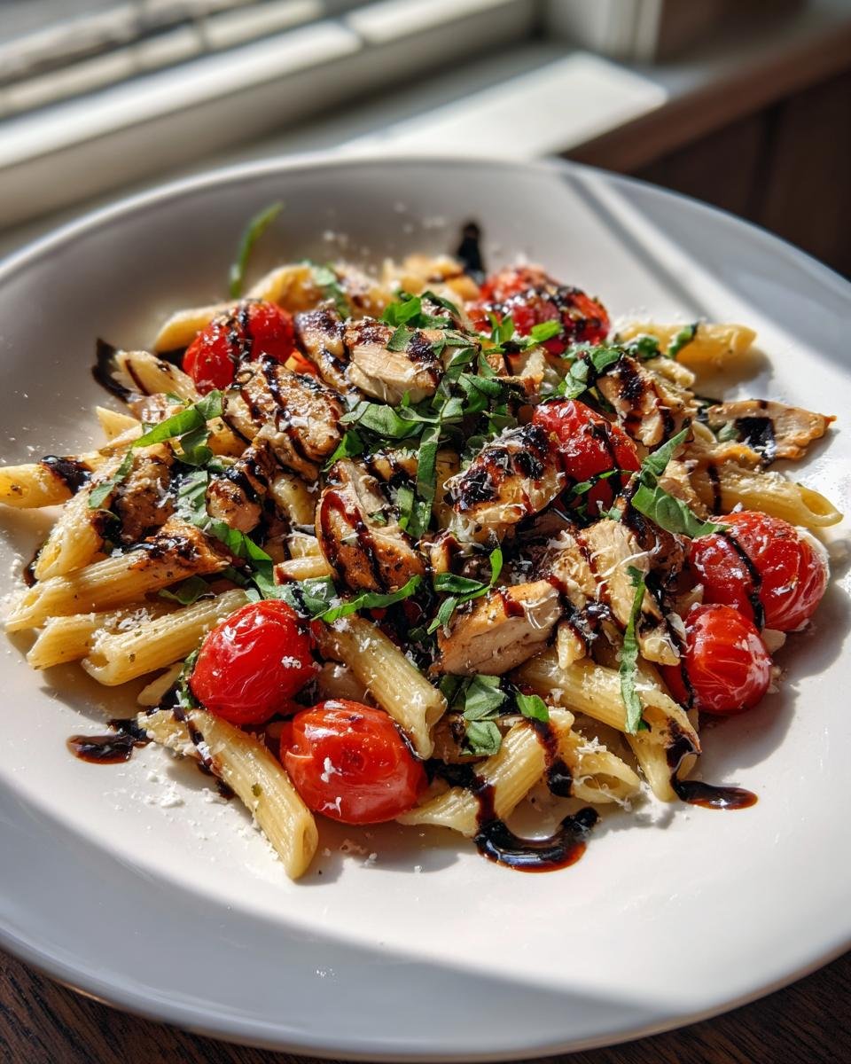 A close-up of plated Chicken Bruschetta Pasta featuring penne, grilled chicken, cherry tomatoes, and fresh basil drizzled with balsamic glaze.