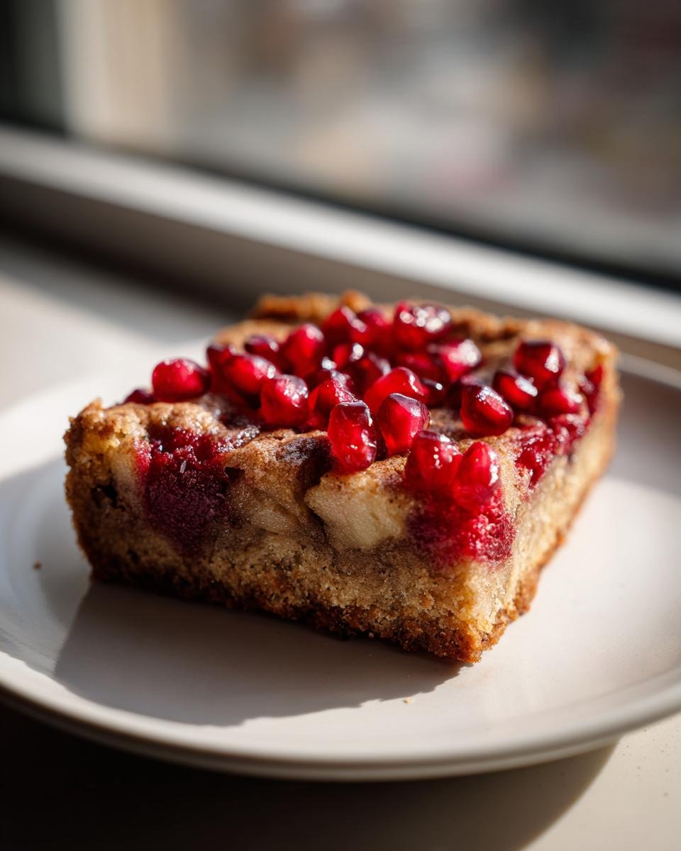 A square slice of baked Pomegranate Apple Pie Bars topped with bright red pomegranate seeds on a light plate.