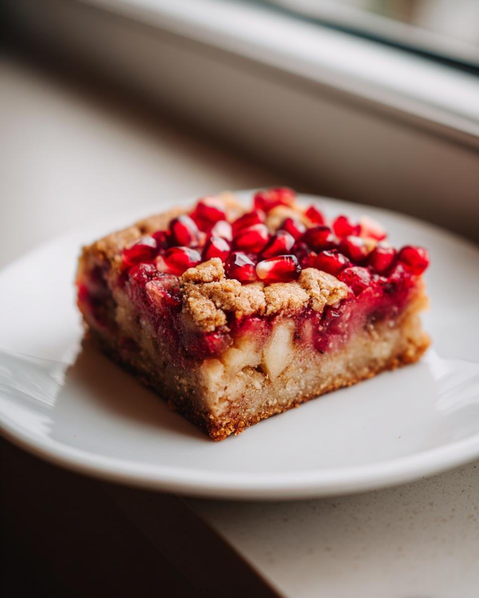 A square slice of Pomegranate Apple Pie Bars with a bright red pomegranate seed topping, served on a white plate.