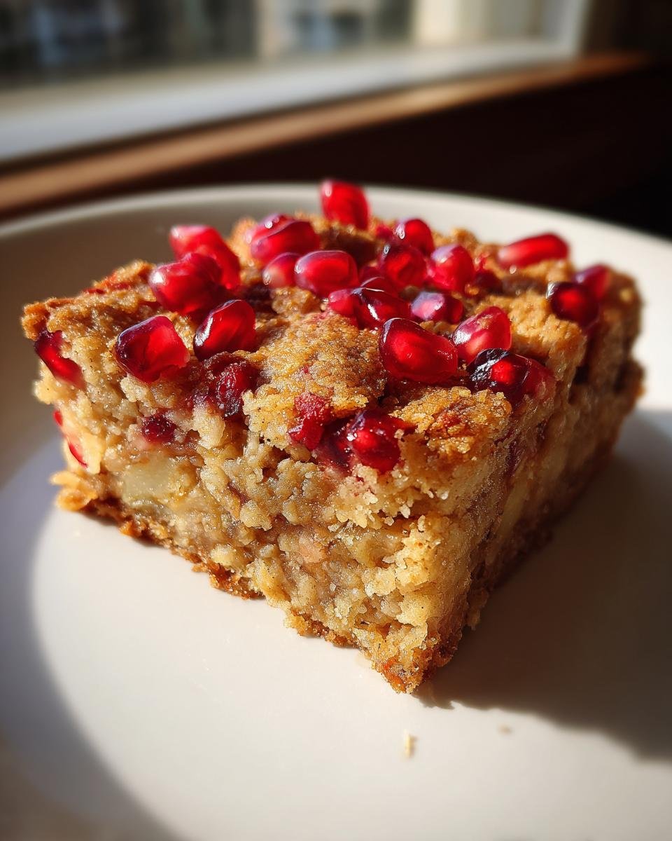 A close-up of a square Pomegranate Apple Pie Bars slice topped with bright red pomegranate seeds on a white plate.