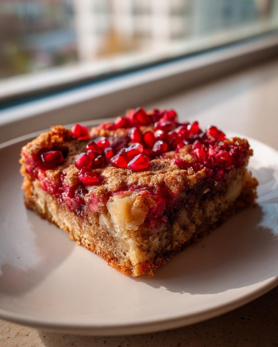 A square slice of Pomegranate Apple Pie Bars topped with bright red pomegranate seeds, sitting on a white plate.