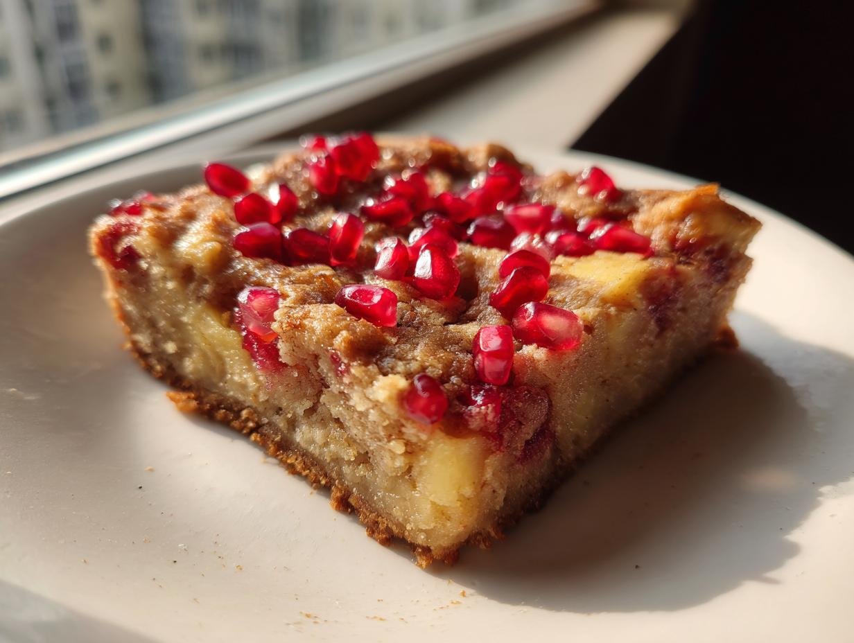 A close-up of a square slice of Pomegranate Apple Pie Bars topped with bright red pomegranate seeds.