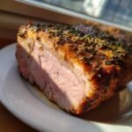 A close-up of a slice of juicy Pork Loin Roast showing a pink interior and a crispy, herb-crusted exterior.