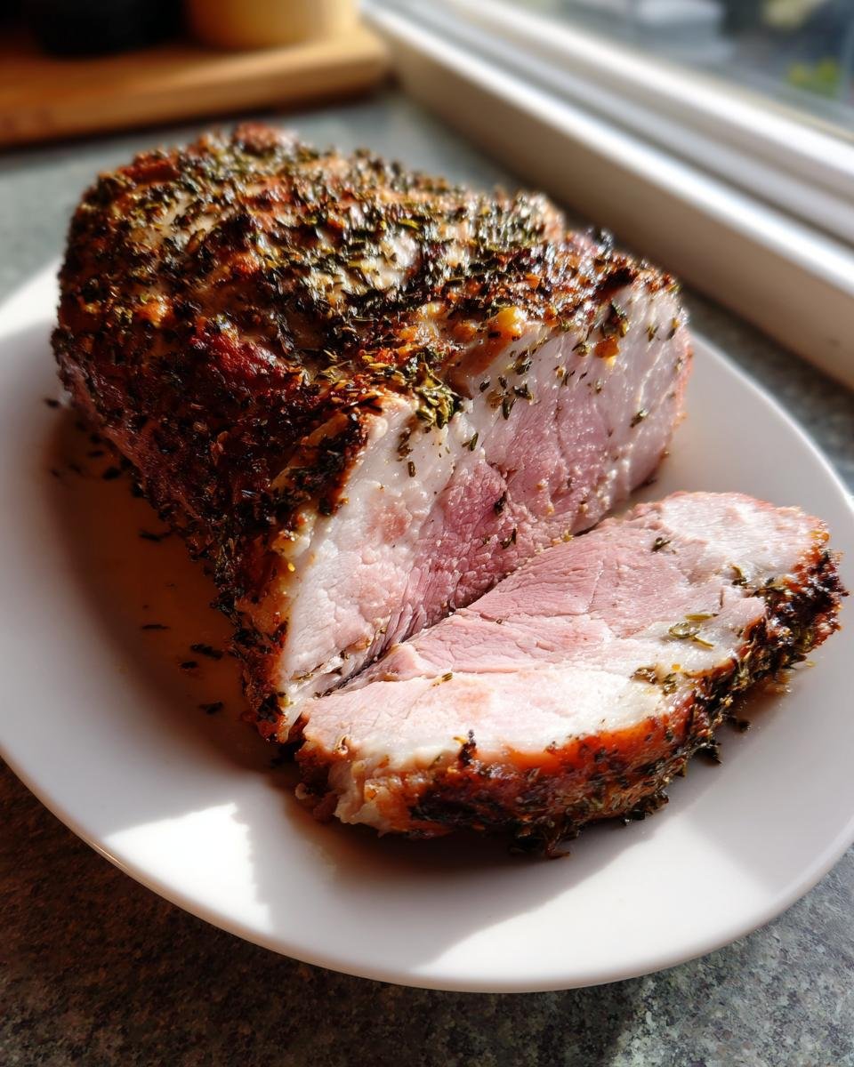 A juicy, sliced Pork Loin Roast with a dark, herbed crust resting on a white plate.