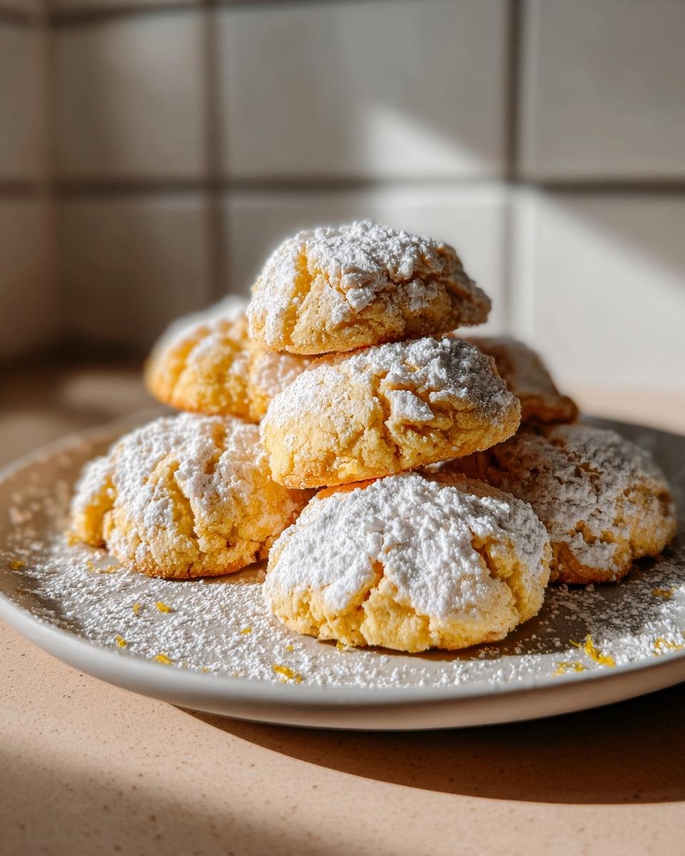 A stack of bright yellow Lemon Cookies generously dusted with powdered sugar, sitting on a light gray plate.