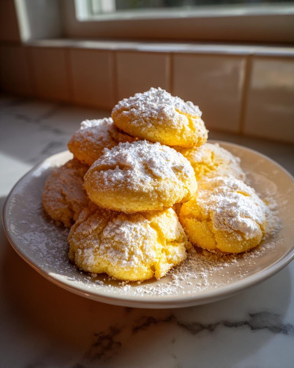 A stack of bright yellow Lemon Cookies heavily dusted with powdered sugar, sitting on a light plate.