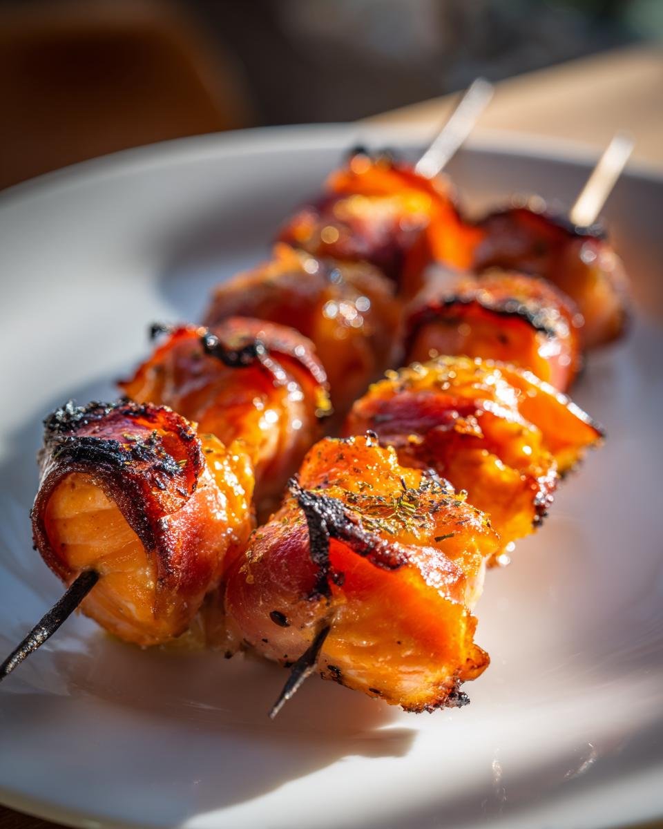 Close-up of perfectly cooked Prosciutto Wrapped Salmon Skewers, glistening with glaze and served on a white plate.