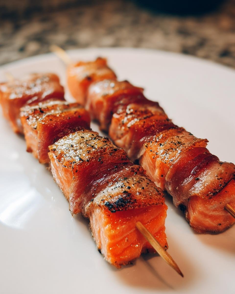 Close-up of two skewers featuring perfectly cooked Prosciutto Wrapped Salmon Skewers, seasoned with pepper.