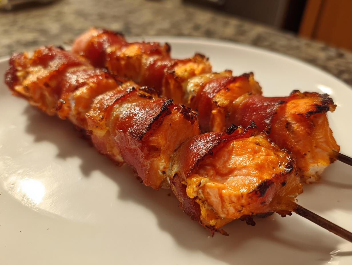 Close-up of two skewers featuring perfectly cooked Prosciutto Wrapped Salmon Skewers, glistening and slightly charred.
