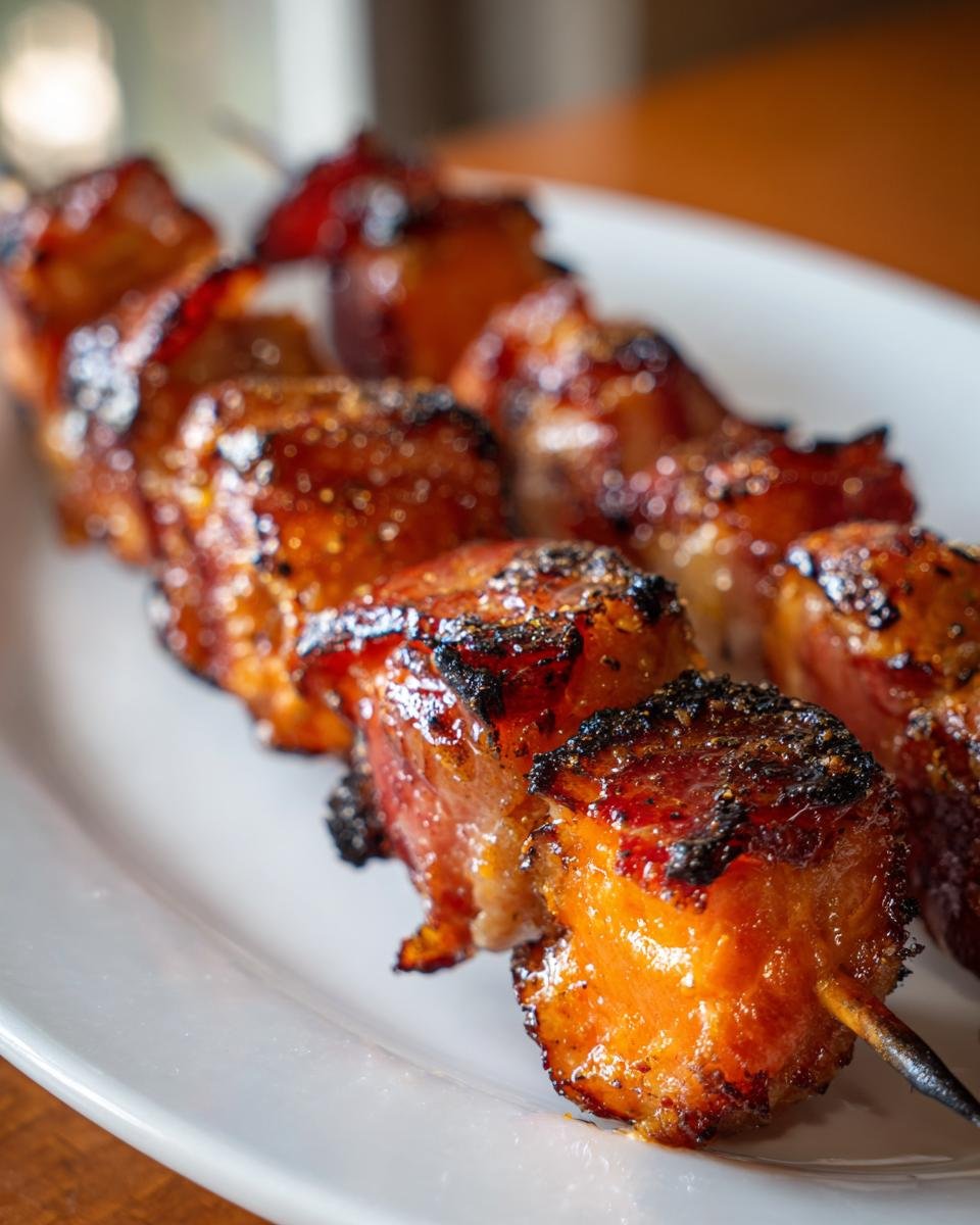 Close-up of perfectly cooked Prosciutto Wrapped Salmon Skewers, glazed and slightly charred, served on a white plate.