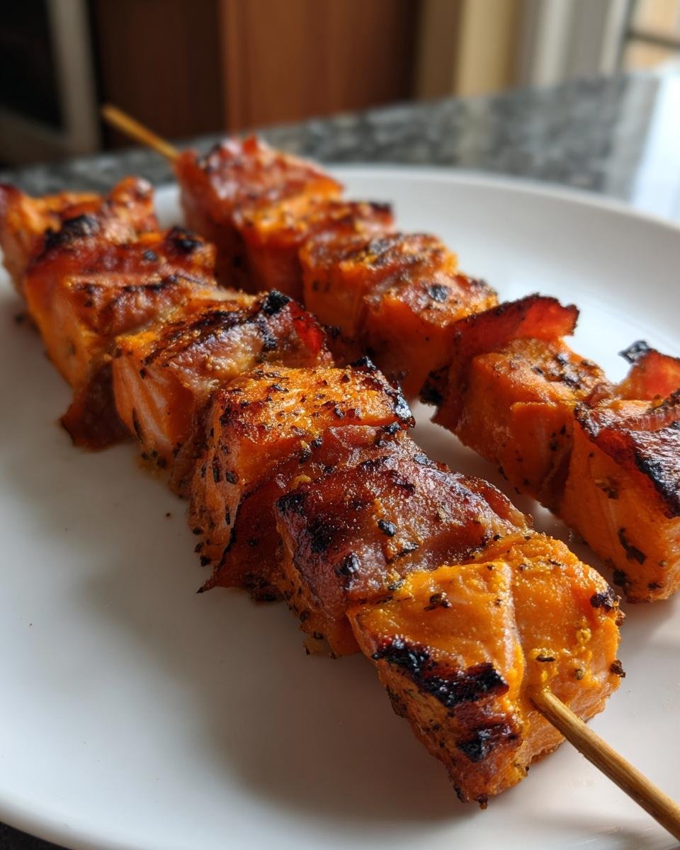 Close-up of two grilled Prosciutto Wrapped Salmon Skewers resting on a white plate, showing caramelized edges.