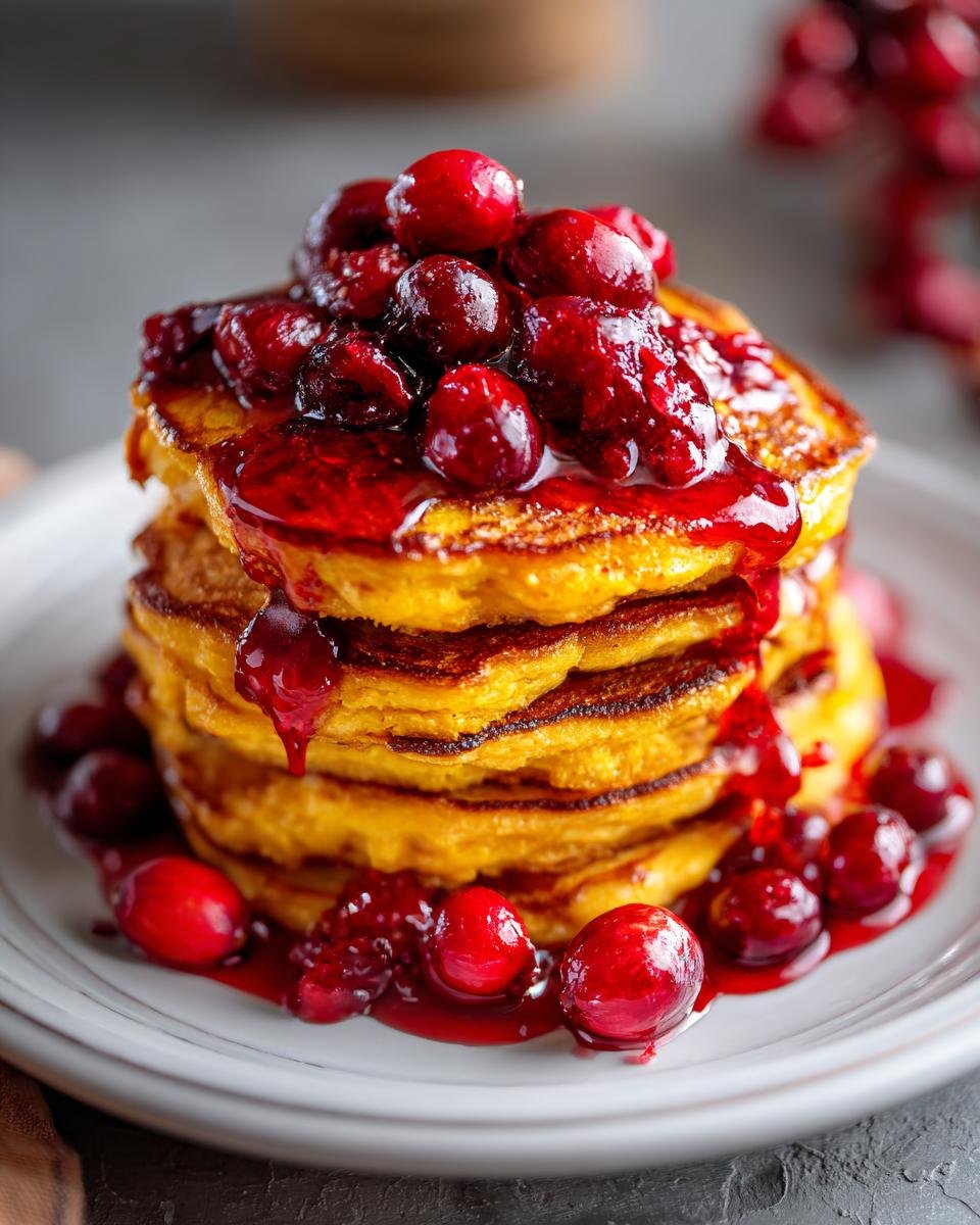 A tall stack of fluffy Pumpkin Pancakes With Cranberry Maple Syrup, topped with whole cranberries.