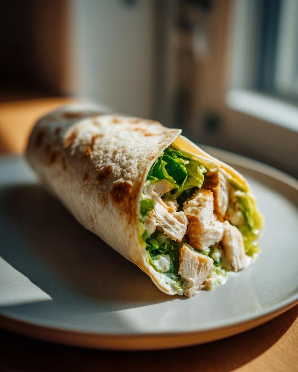 Close-up of a perfectly rolled Chicken Caesar Wrap showing chunks of grilled chicken, crisp lettuce, and creamy dressing.
