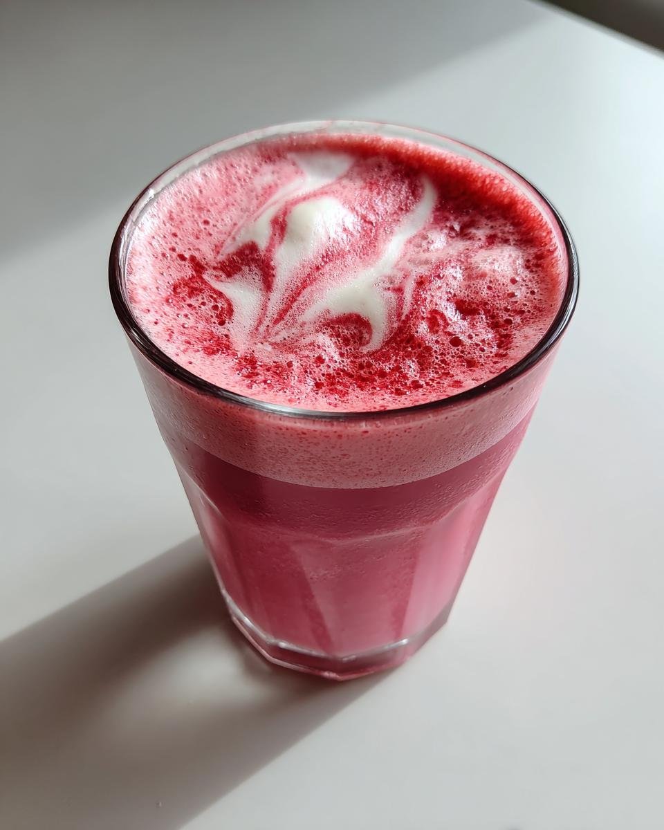 A vibrant pink Raspberry White Chocolate Smoothie in a glass with white foam art swirling on top.