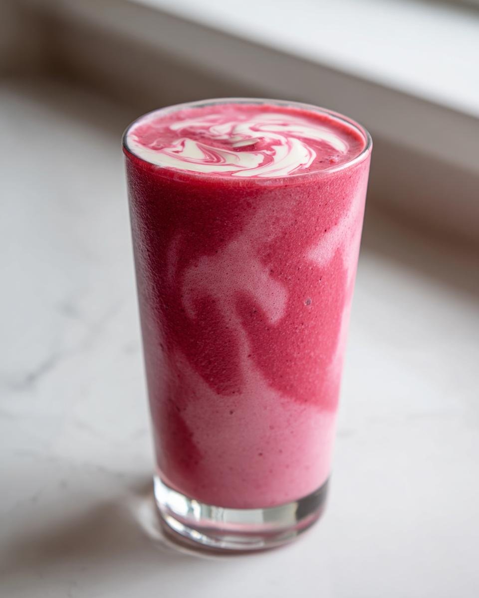 Close-up of a vibrant pink Raspberry White Chocolate Smoothie swirled with white topping in a tall glass.