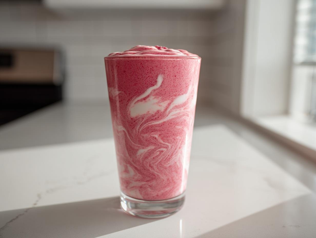 A tall glass featuring a vibrant Raspberry White Chocolate Smoothie with beautiful white swirls.