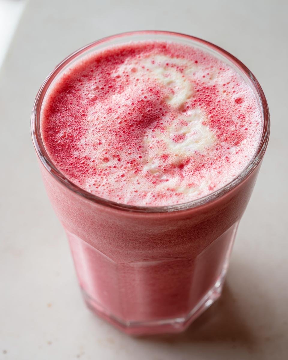 Close-up, top-down view of a vibrant pink Raspberry White Chocolate Smoothie with a frothy top.