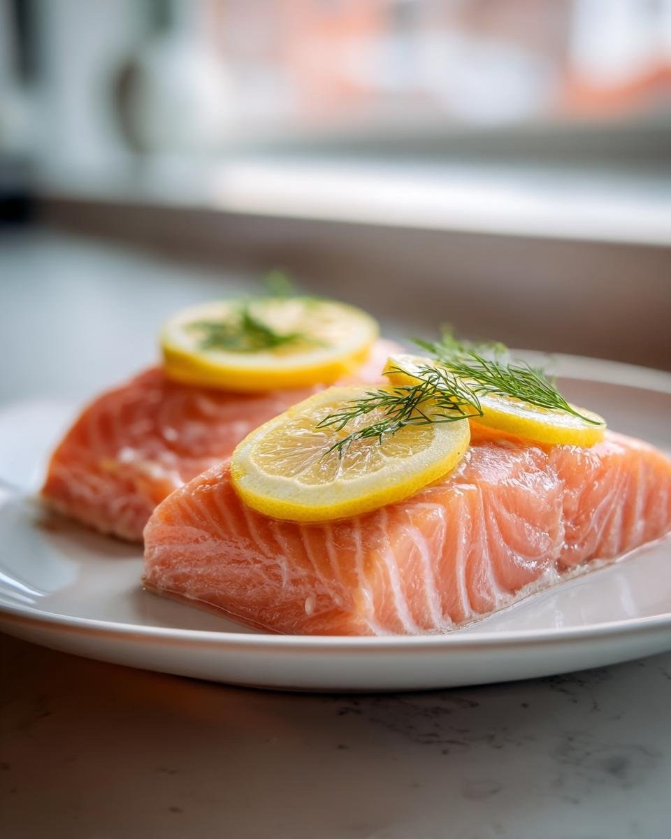 Two raw salmon fillets seasoned with lemon slices and fresh dill, ready for Slow Cooker Salmon preparation.