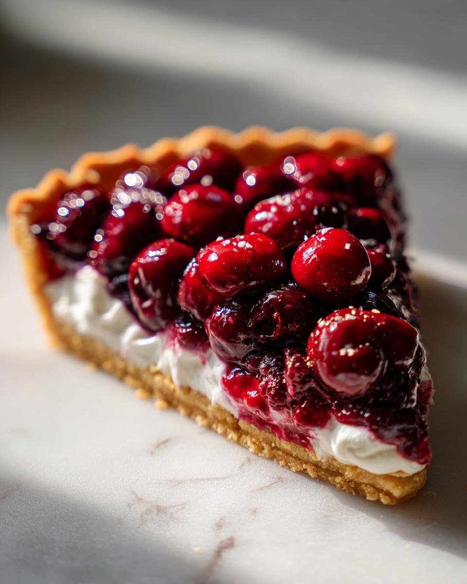 A close-up slice of a Roasted Berries Tart featuring a golden crust, white cream, and glossy, deep red roasted berries.