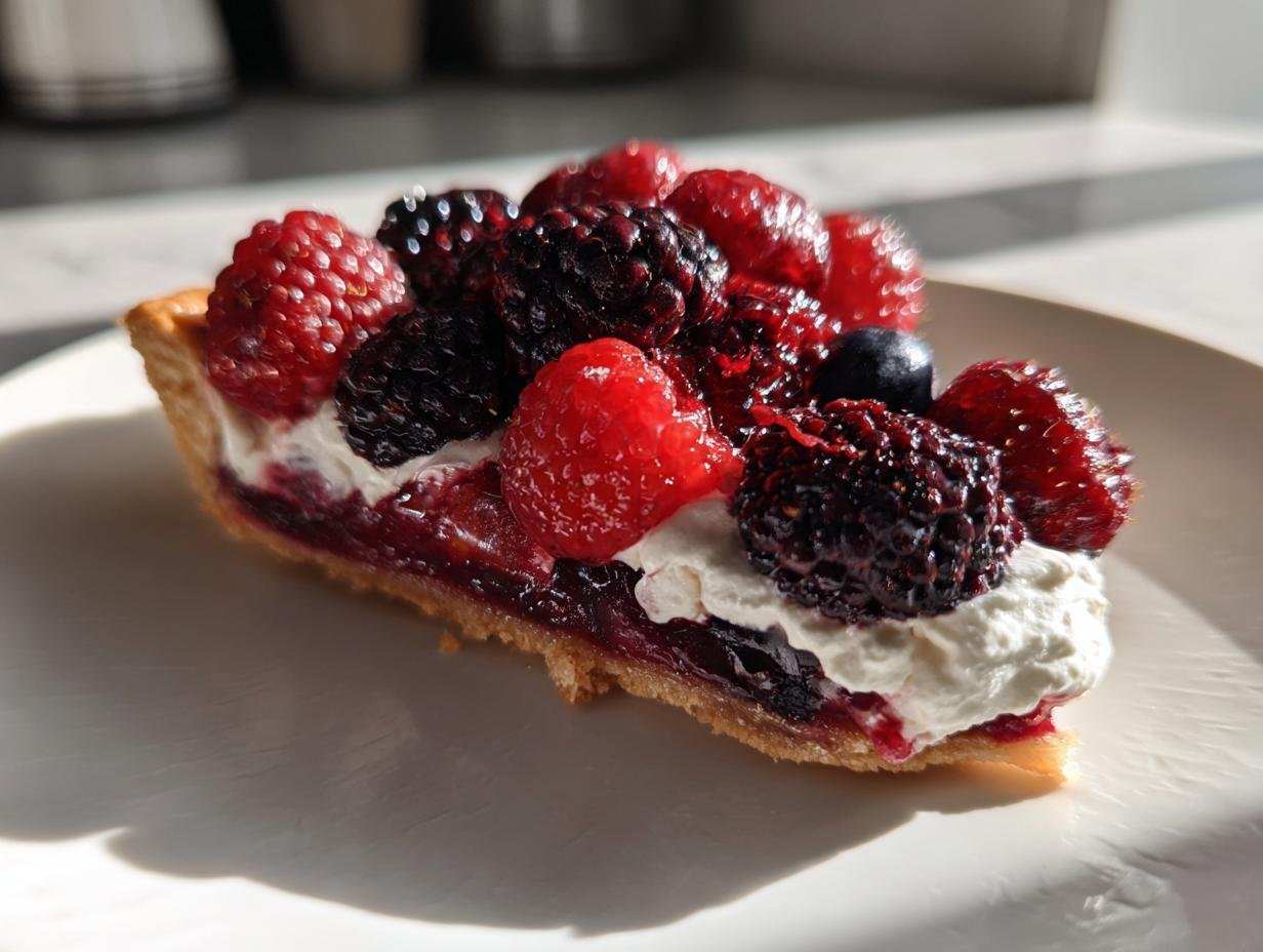 Close-up of a slice of Roasted Berries Tart topped with fresh raspberries, blackberries, and whipped cream.